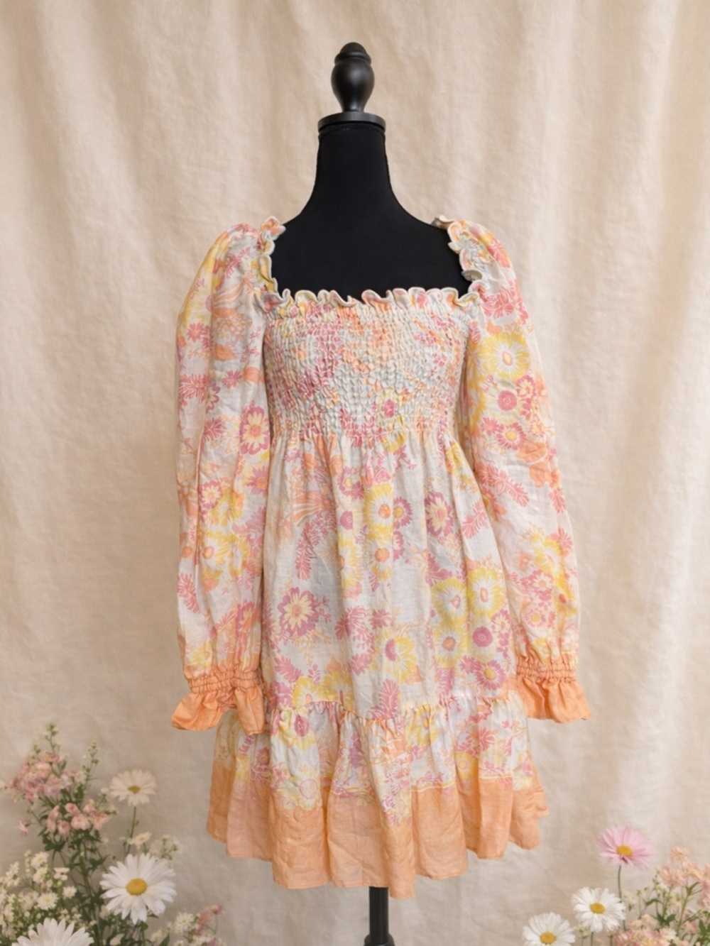 Ephemera Linen Floral Mini Dress Smocked Puff Sleeve Cottagecore US 4 UK 8 Fairy
